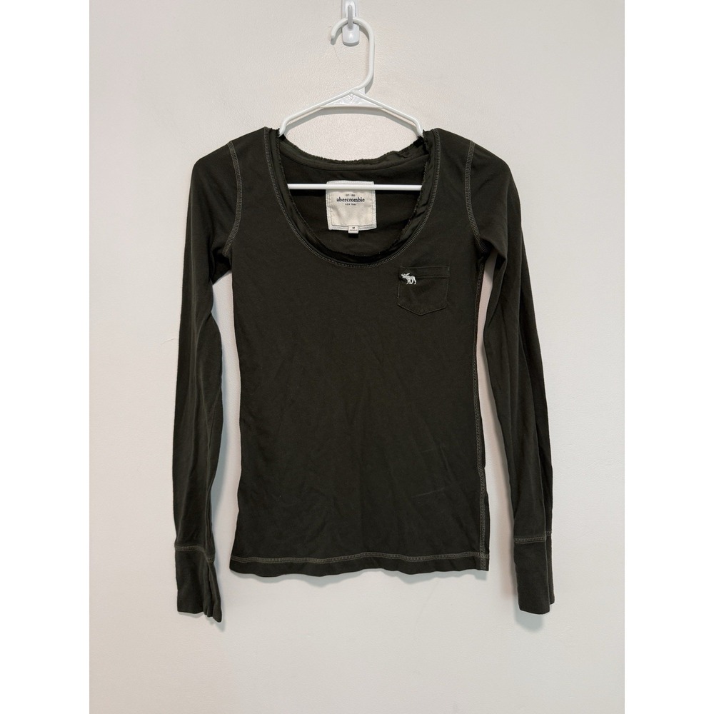 abercrombie Y2K Vintage Dark Green Scoop Neck Long Sleeve T-Shirt Medium